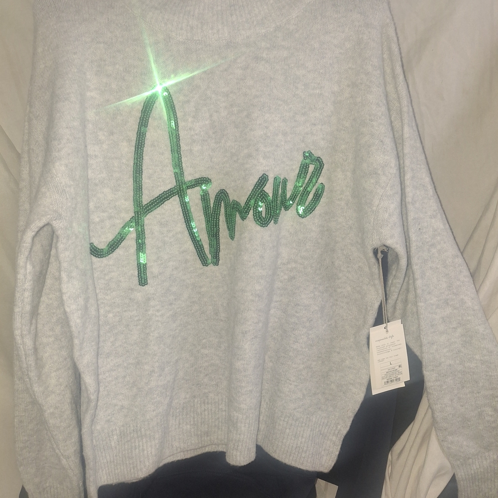 a new day Light Gray Sweater with Green Sequin Amour